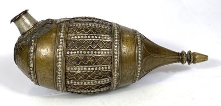 An Islamic 18th century brass and white metal Hookah pipe body, ht 23cm