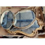 A Barbola mirror, oval form; a gilt metal mirror and a gilt mirror; a large glass parlour window (