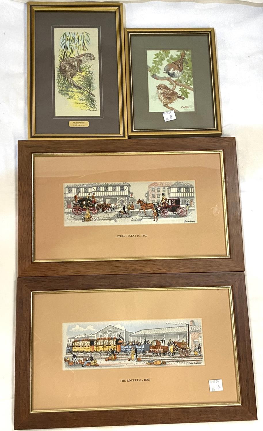 Four framed cash silks street scenes, The Rockel and two wild life 'The Otter' and 'House Sparrow'