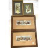 Four framed cash silks street scenes, The Rockel and two wild life 'The Otter' and 'House Sparrow'