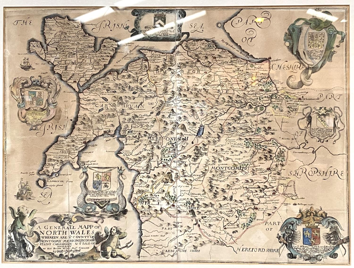 Rick Blame:  18th century map of North Wales & Anglesey, hand coloured, 30 x 46cm, framed and glazed - Image 2 of 2