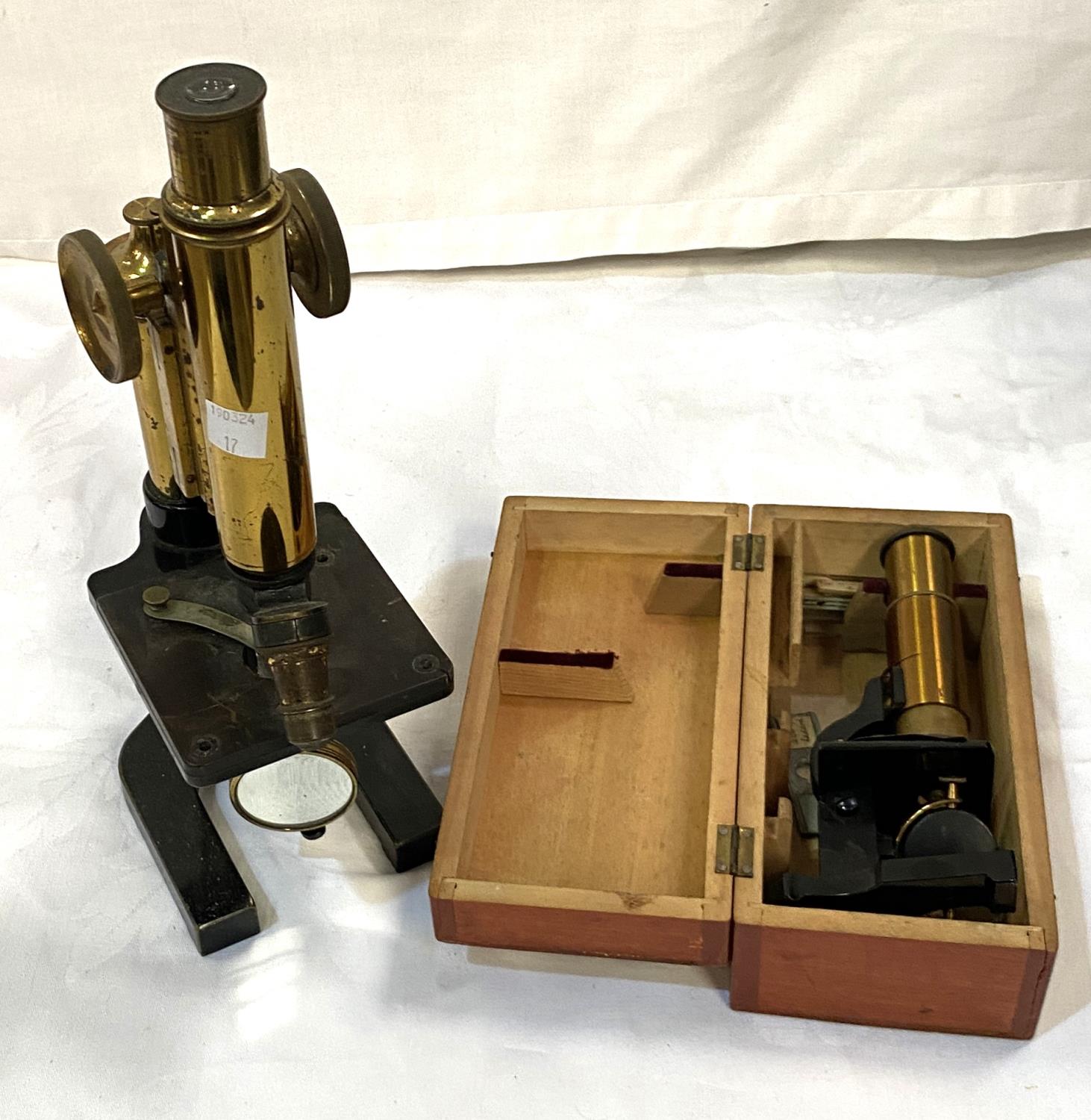 A microscope with 2 lenses by Watson & Son; a small travel microscope in wooden case - Image 2 of 2
