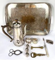 A Georgian style rectangular gallery tray in silver on copper; a Georgian style silver plated coffee