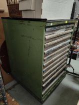 A large industrial Lista military style tool cabinet, each drawer with the capacity of heavy