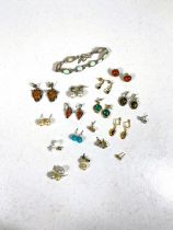 A hallmarked silver and opal bracelet; a collection of earrings including Art Nouveau, amber,