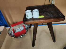 A 20th century Chinese bowl, a collection of 6 miniature milk jugs and a carved wooden Japanese