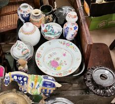 A 19th century Chinese "famille rose" shallow dish and other Chinese and oriental pottery etc