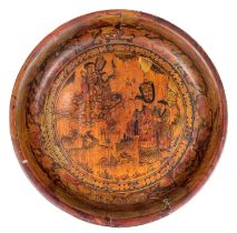 An unusual 19th century Chinese wooden painted dish with figures among clouds (some cracking) 29cm