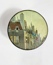 A small circular hand painted box, street scene