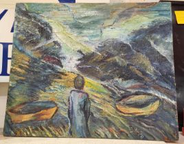 20th century abstract acrylic oil on board, figure looking out over mountainous scene, signed Sylvia