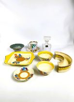 Four pieces of Clarice Cliff Crocus pattern for Wilkinson Ltd:  square shallow dish, length 27cm;