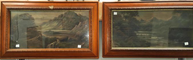 An oil painting depicting fighting galleons; two oil on board mountain scenes, framed and glazed