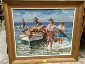 M. vidiella - oil on canvas, young girls with fishing boat on sea shore, signed 63 x 52cm, framed