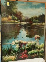 20th century oil on canvas of a garden lake view, 92 x 122cm