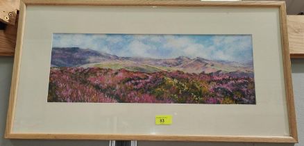 A modern watercolour of purple flowers on hills (local artist), signed, framed and glazed