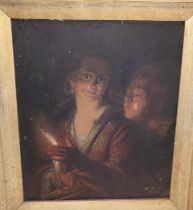 A 19th century atmospheric oil on tin painting of couple blowing out candle, in gilt frame 19x16cm