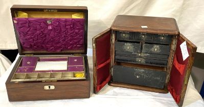 An oak miniature sewing cabinet with 8 drawers enclosed by 2 doors; a 19th century rosewood workbox