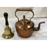A 19th century copper kettle; a 19th century school bell