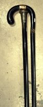A silver topped ebonised walking cane and a yellow metal coloured walking cane.