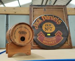 Jack Daniels Old No 7 painted advertising sign 53cm on barrel lid and a Grants small whisky barrel