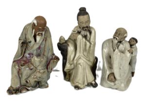 Three Chinese 19th century Shin Wan figures, wise men with children (some loss), largest 21cm