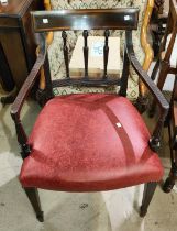 A Sheraton period mahogany carver chair with satinwood crossbanding, red leather upholstery, on