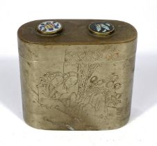 A 19th century Chinese white metal opium box with cloisonne circles to lid, etched detail and