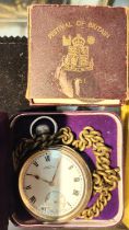 A silver pocket watch Harris Stone Swiss, brass chain, two coins