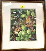Sheila Gilbert:  Dormice & Berries, watercolour, framed and glazed