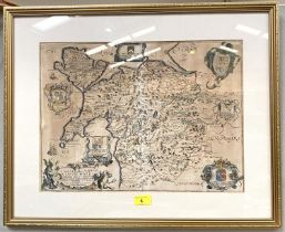 Rick Blame:  18th century map of North Wales & Anglesey, hand coloured, 30 x 46cm, framed and glazed