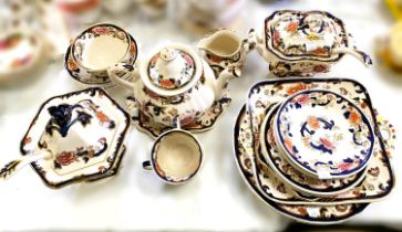 A selection of Mason's 'Mandalay':  sauce tureens; plates; teapot; dishes; etc., 25 pieces approx.