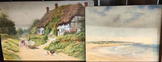 Two unframed watercolours, cottage and beach, both unsigned