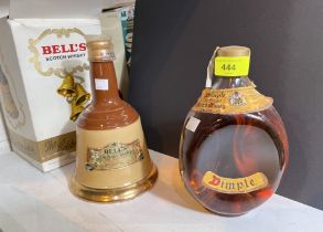 An ? bottled "Haig Dimple Whiskey"; a bottle of Bells Whiskey in a pottery Bell decanter.