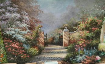 20th century oil on canvas of a garden entrance 122 x 92cm