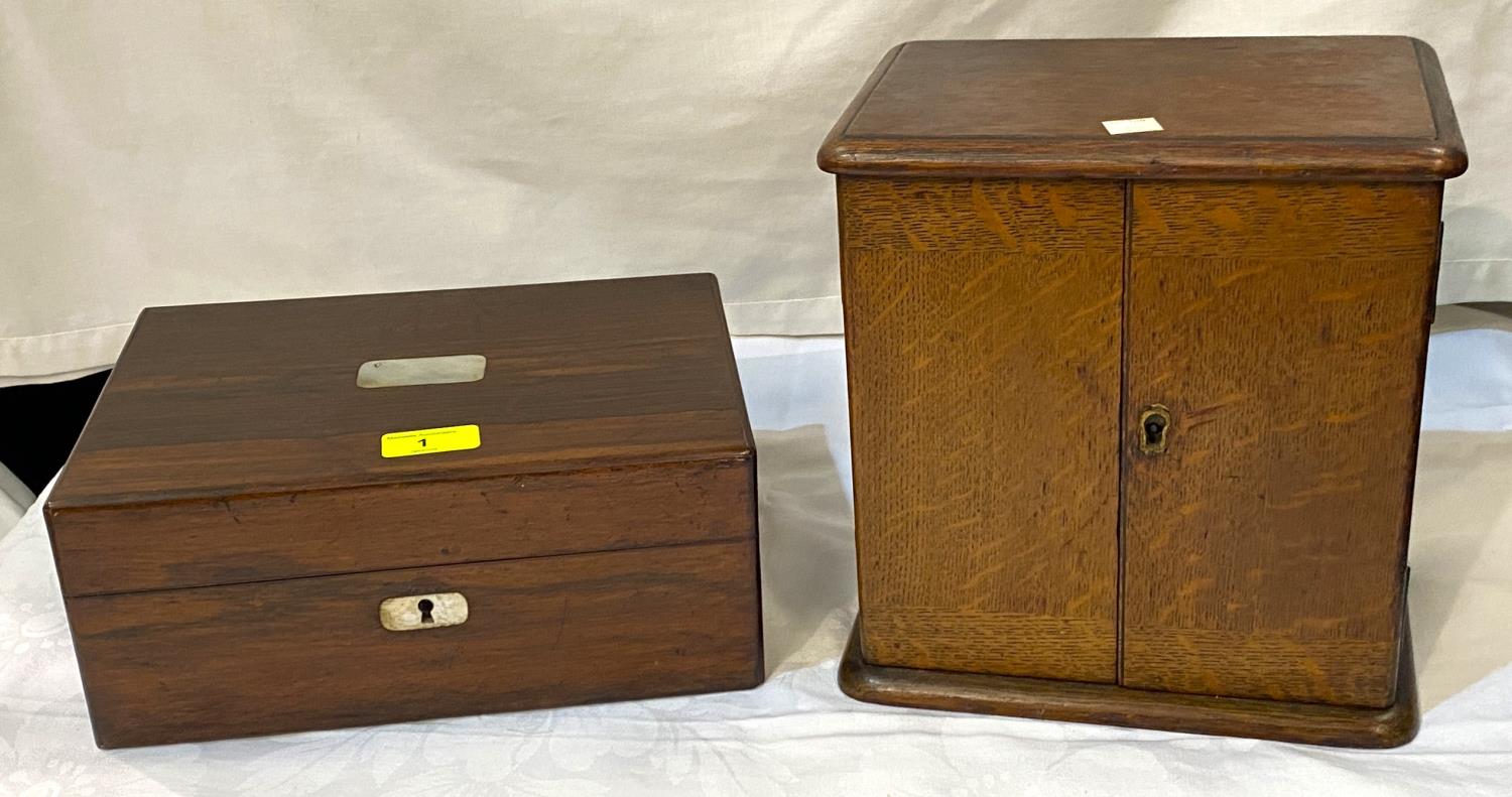 An oak miniature sewing cabinet with 8 drawers enclosed by 2 doors; a 19th century rosewood workbox - Image 2 of 2