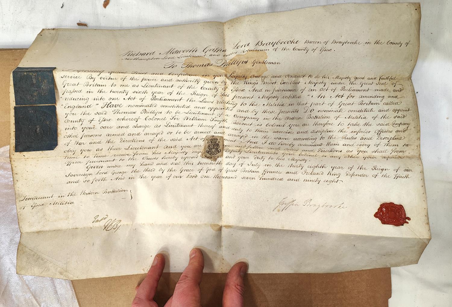 Essex Militia: a commission document dated 1798 signed by Lord Braybrooke