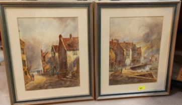 E. Nevil, a pair of 19th century water colours of Whitby with views of cottages and fishermen in