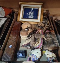 A pair of Indonesian puppet dolls; a Nigerian game, boxed; a framed silver ship; etc.
