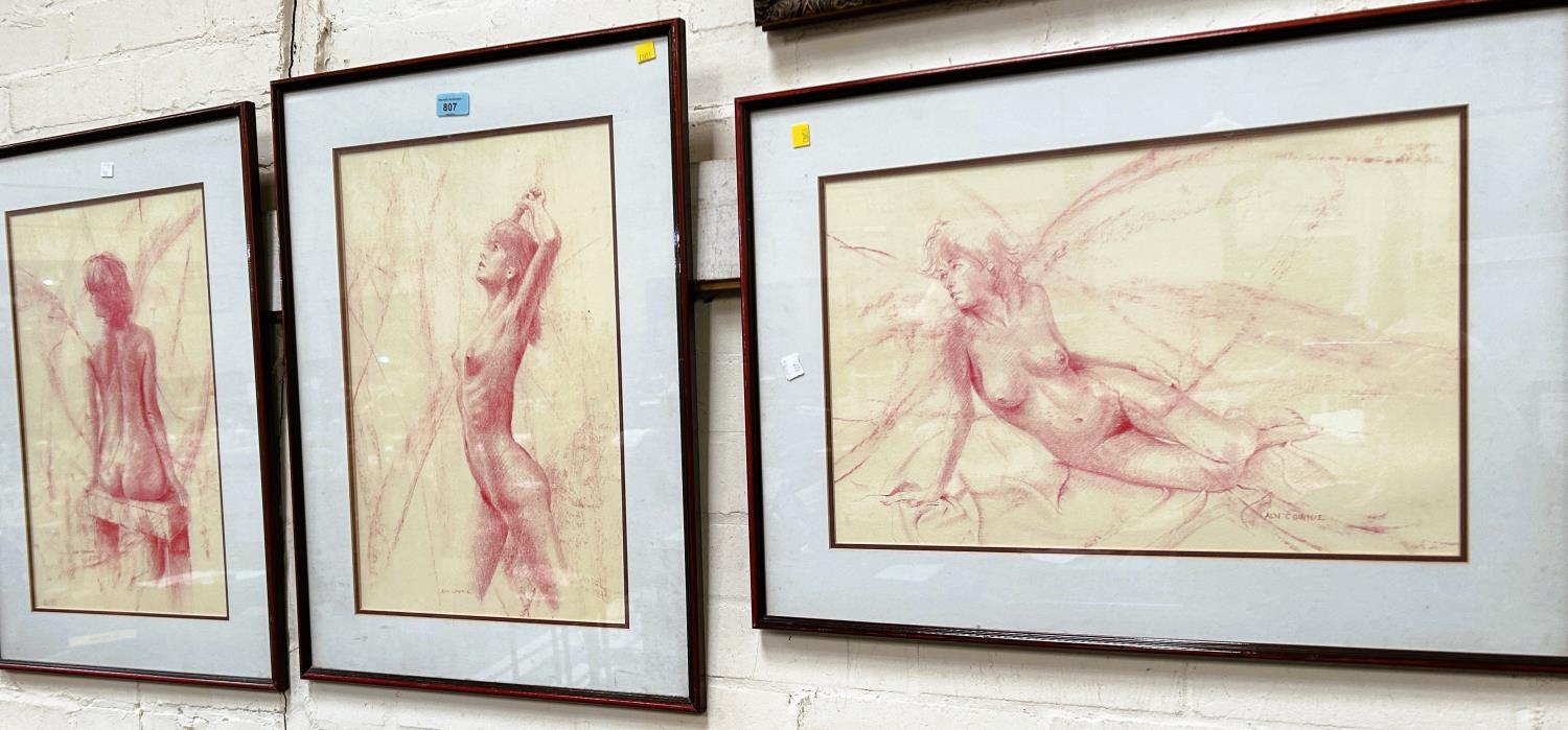 Alan Cownie (Welsh 1927-2015):  3 female nude studies, monochrome pastel sketches, signed, 47 x