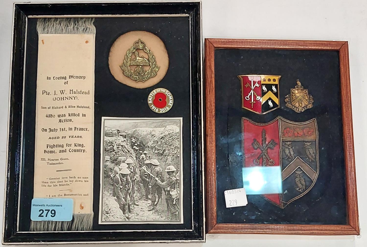 WWI Memorial silk to Pte J. W. (Johnny) HALSTEAD, KIA, July 1st, (1916) framed with badges,