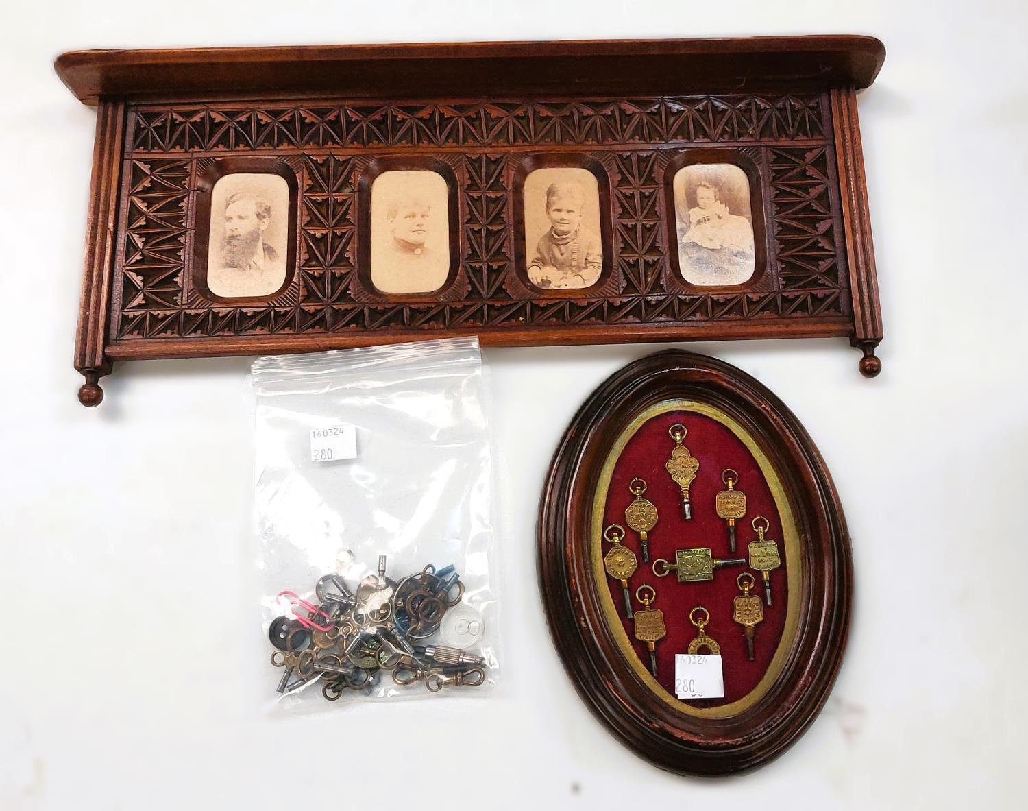 A late Victorian chip covered frame containing 4 photos and a collection of 9 watch keys framed