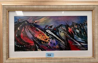 David Wilde:- Northern Artist, acrylic on card, abstract scene 'In The Fine Of Spring', signed,