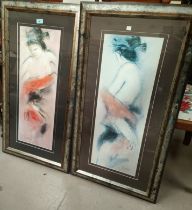 20th Century:  Chieko & Mitsuko, pair of prints of young women, framed and glazed