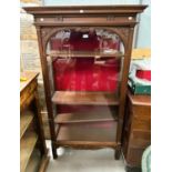 A narrow Edwardian mahogany full height display cabinet enclosed by single door on square legs, 4