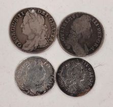 Three William III coins, 1 shilling and 2 sixpences; a George II shilling (holed)