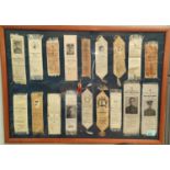 WWI Memorial silk table markers: a collection of 18 in a single frame, 74 x 54cm overall