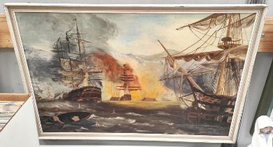 An oil on board of ships at battle and two pictures on reflexology