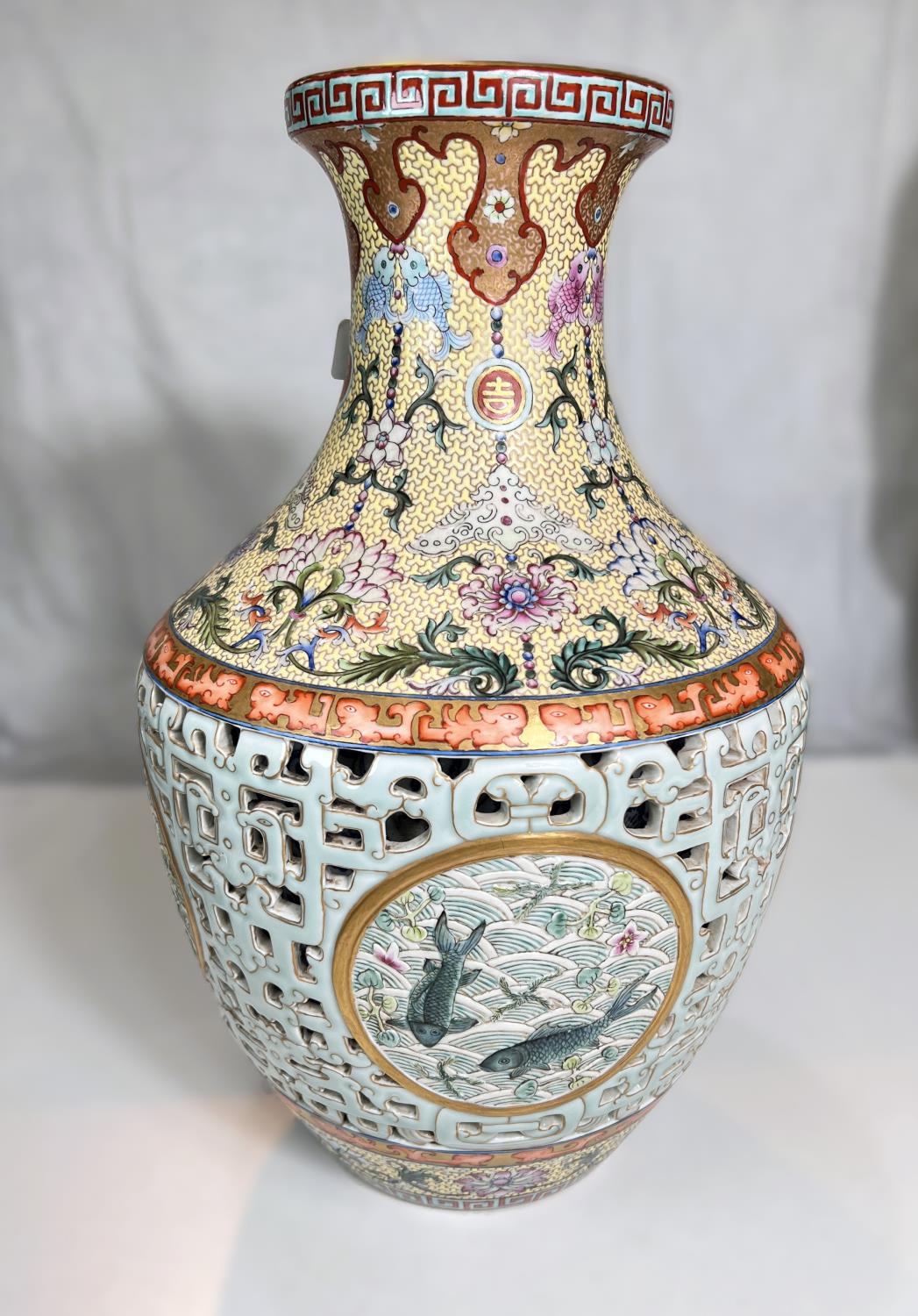 A large and impressive Chinese vase with pale blue rearticulated body with decorated inner body, - Image 5 of 9