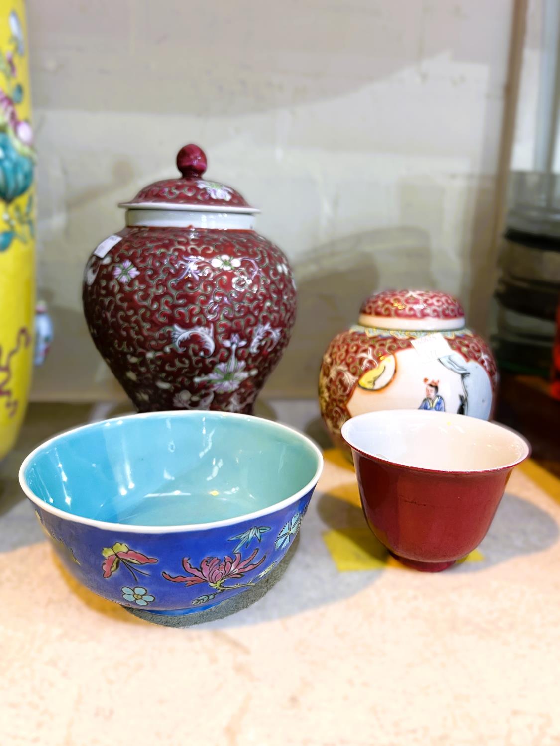 A modern Chinese lidded ginger jar and matching vase; a monochrome Chinese tea bowl, 6 character