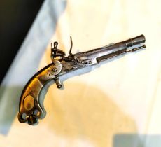 A Scottish highlands Murdoch style replica steel flintlock pistol, rams horn flintlock, length 35cm.